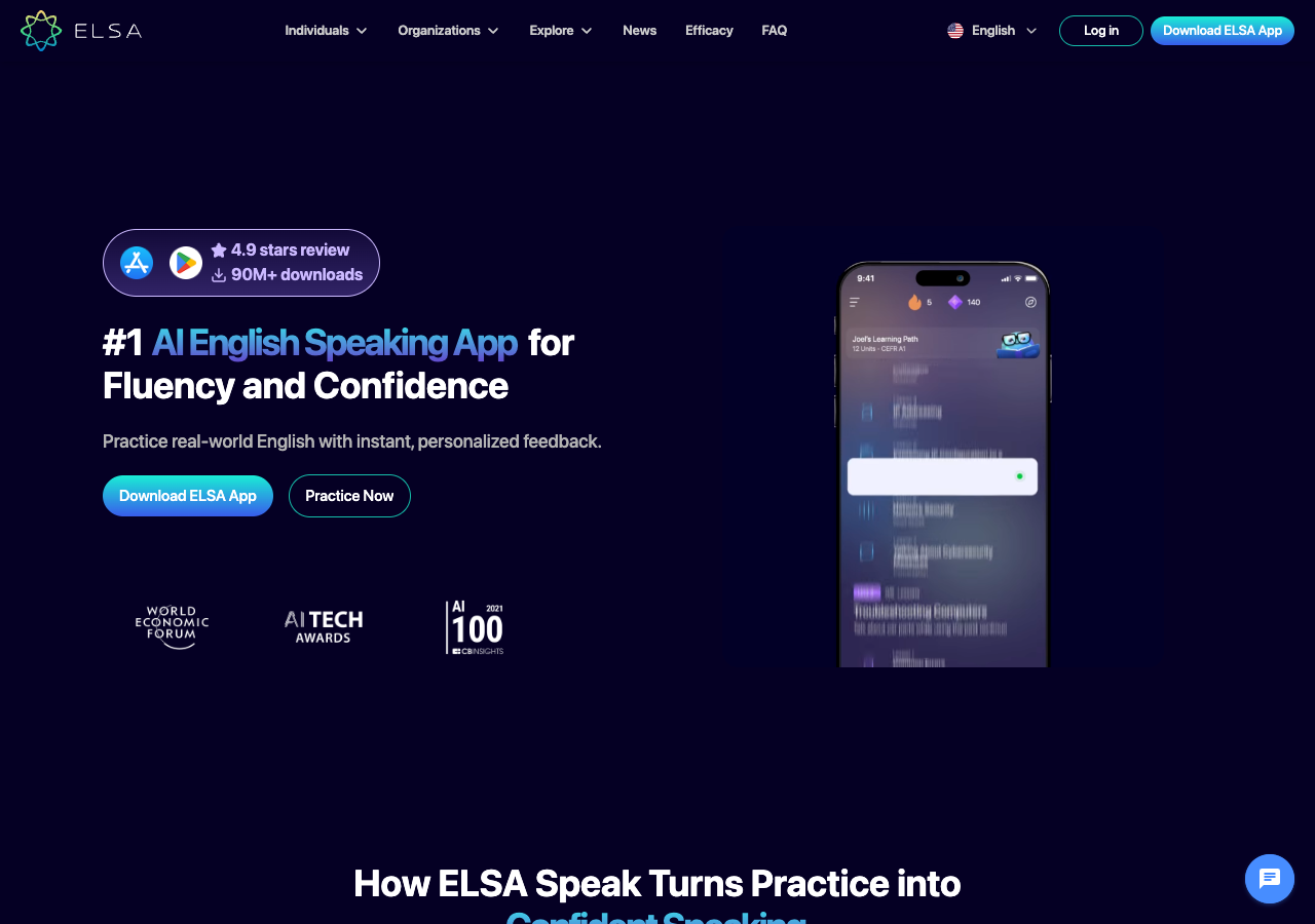 ELSA Speak — Aussprache-Coaching für Live-Sprechweise, keine Postproduktions-Akzentkonvertierung